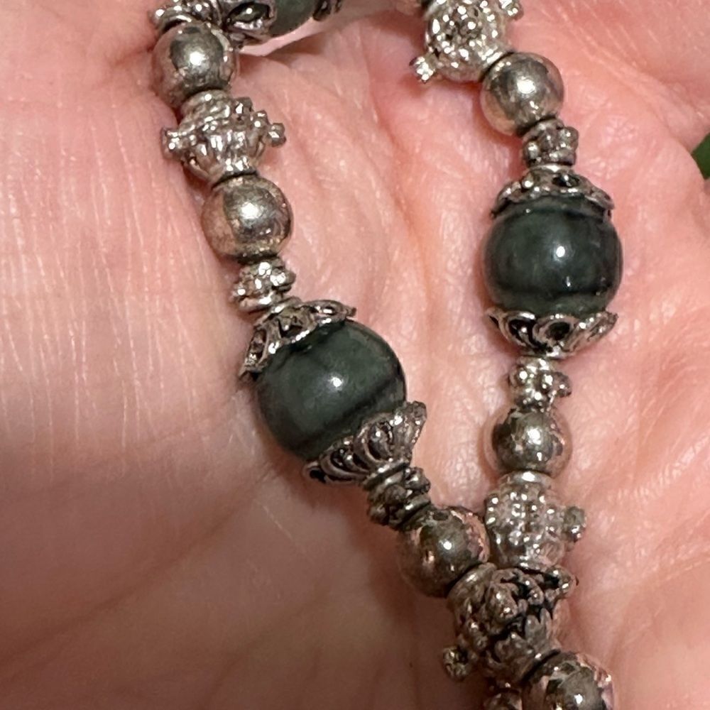 Handcrafted Gray & Silver Tones Bracelet Toggle Closure 7” Cross Charm - Picture 2 of 4